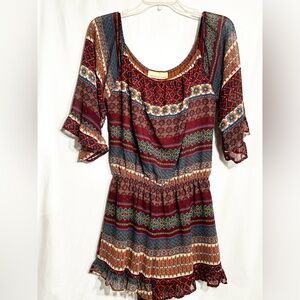 WOMENS SMALL MULTI PRINT LINED 3/4 SLV ELASTIC NECKLINE/WAIST RUFFLE HEM ROMPER